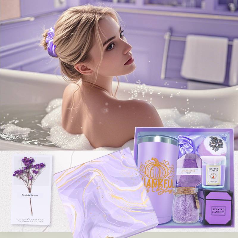 8pcs Lavender Scented Spa Gift Basket Set for Women - Luxury Self-Care Kit with 8-Hour Burn Time Soy Wax s, Bath Bombs, Lavender Sachet & Tumbler-Style - Birthday/Retirement Party Favors for Wife, Mom, Sister, Girlfriend