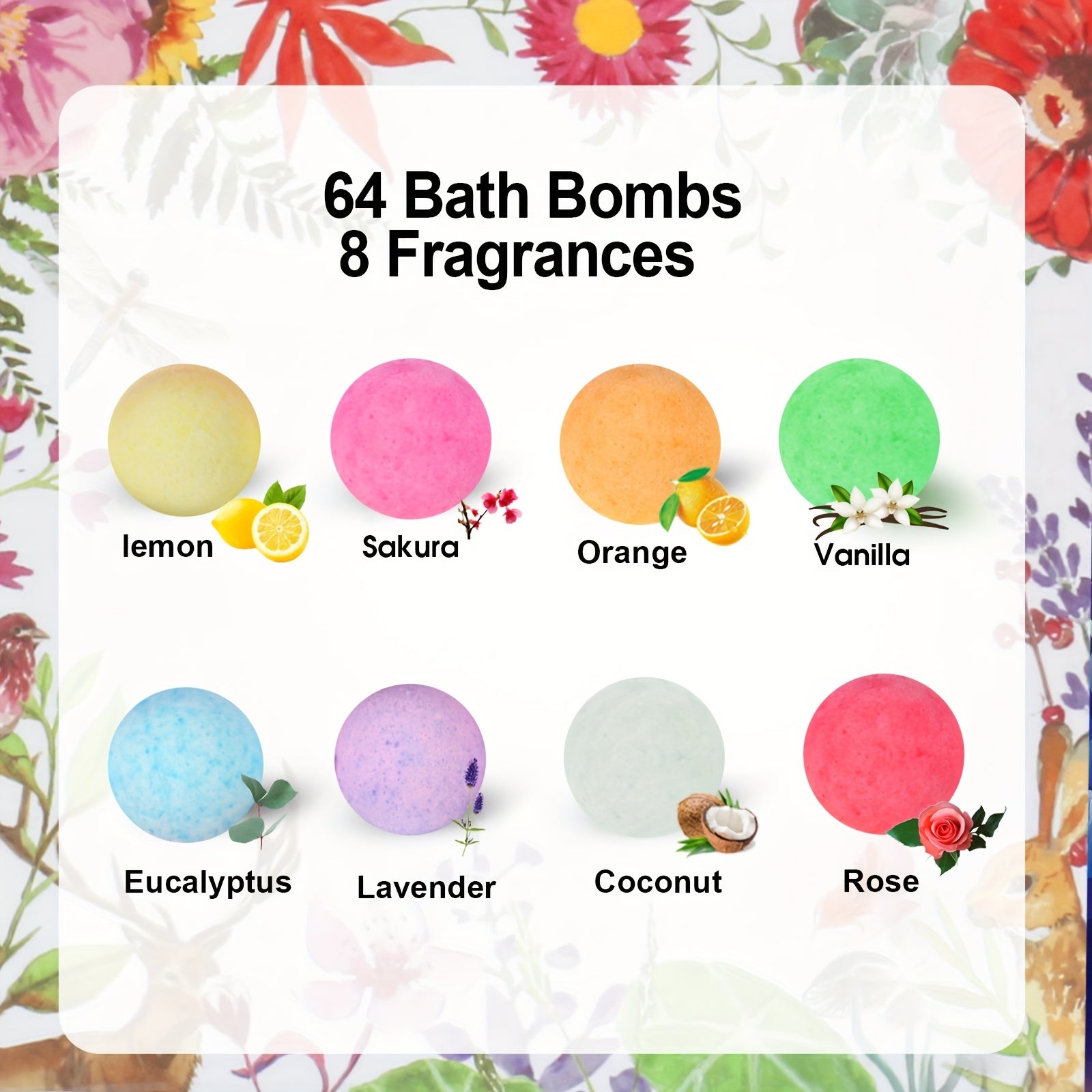 Bath Bombs: A set of 64 with 8 scents, handcrafted for normal skin. Infused with calming lavender, it creates a luxurious bubble bath. Ideal gift for birthdays, Christmas, Halloween, and Mother's Day, Valentine's Day