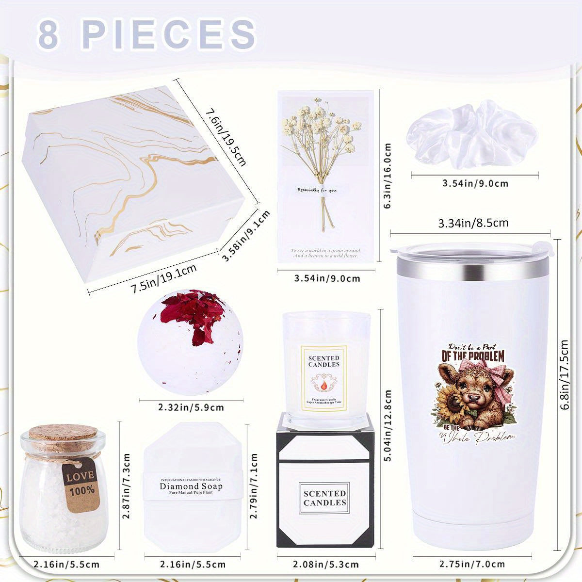 8pcs Highland Cow Women'S Spa Gift Basket, Basket Set Stuff Womens Gifts-Multi-Item Party Favor Packs Including Cup, Bath Bombs, Candles, Soap, Gift Box, Bath Salts And Thank You Cards, Gift For Women, Mom, Wife, Girlfriend,