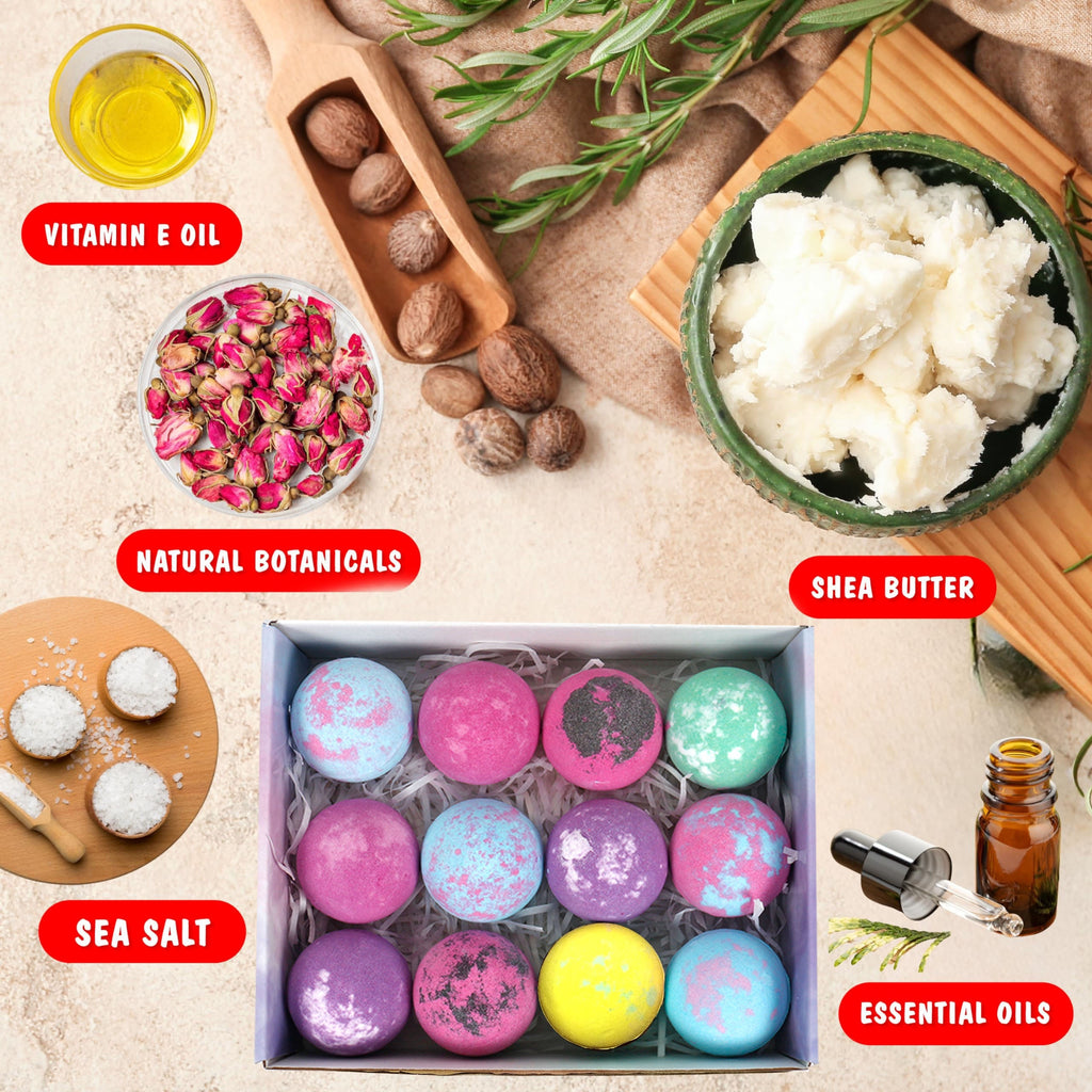 12 Pack Bath Bombs with Essential Oils for Relaxation, Moisturizing Exfoliating Spa Bath Fizzies, Handmade Bubble Bath Gift Set for Birthday, Mother's Day - Lavender Scented, Suitable for Combination Skin