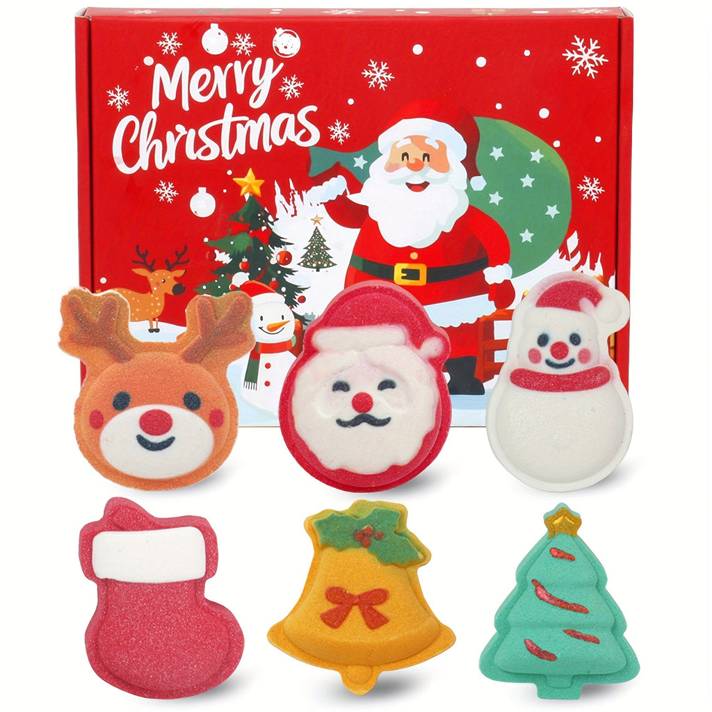 Christmas Holiday Bath Bombs Set for Kids, 6-Pack with Santa, Reindeer, Snowman, Stocking, Bell & Tree Designs, Rose Scented, Normal Skin, Emulsion Bath Salts with Essential Oils, Ideal Christmas Gift for Boys, Girls & Women