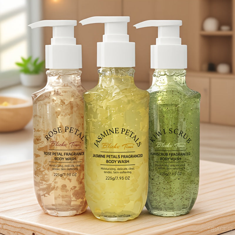 Blithe Time 3pcs Petal Scented Shower Gel & Oil Set - Hypoallergenic Each Total) | Rose, Kiwi Fruit & Jasmine Fragrances | Moisturizing Bath & Shower Collection for Sensitive Light Beige | Luxury Spa Experience, Unisex for Me