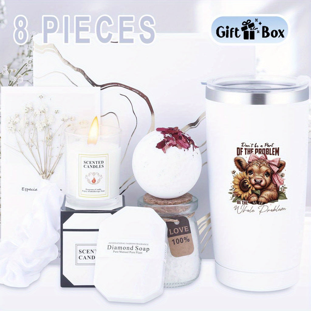 8pcs Highland Cow Women'S Spa Gift Basket, Basket Set Stuff Womens Gifts-Multi-Item Party Favor Packs Including Cup, Bath Bombs, Candles, Soap, Gift Box, Bath Salts And Thank You Cards, Gift For Women, Mom, Wife, Girlfriend,