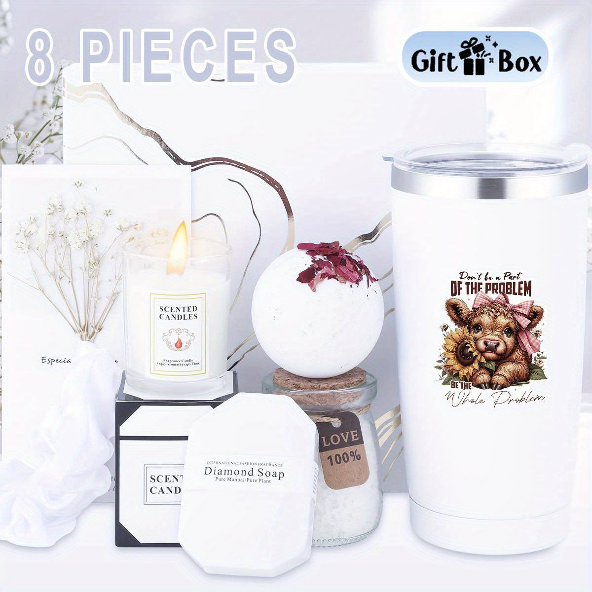 8pcs Highland Cow Women'S Spa Gift Basket, Basket Set Stuff Womens Gifts-Multi-Item Party Favor Packs Including Cup, Bath Bombs, Candles, Soap, Gift Box, Bath Salts And Thank You Cards, Gift For Women, Mom, Wife, Girlfriend,