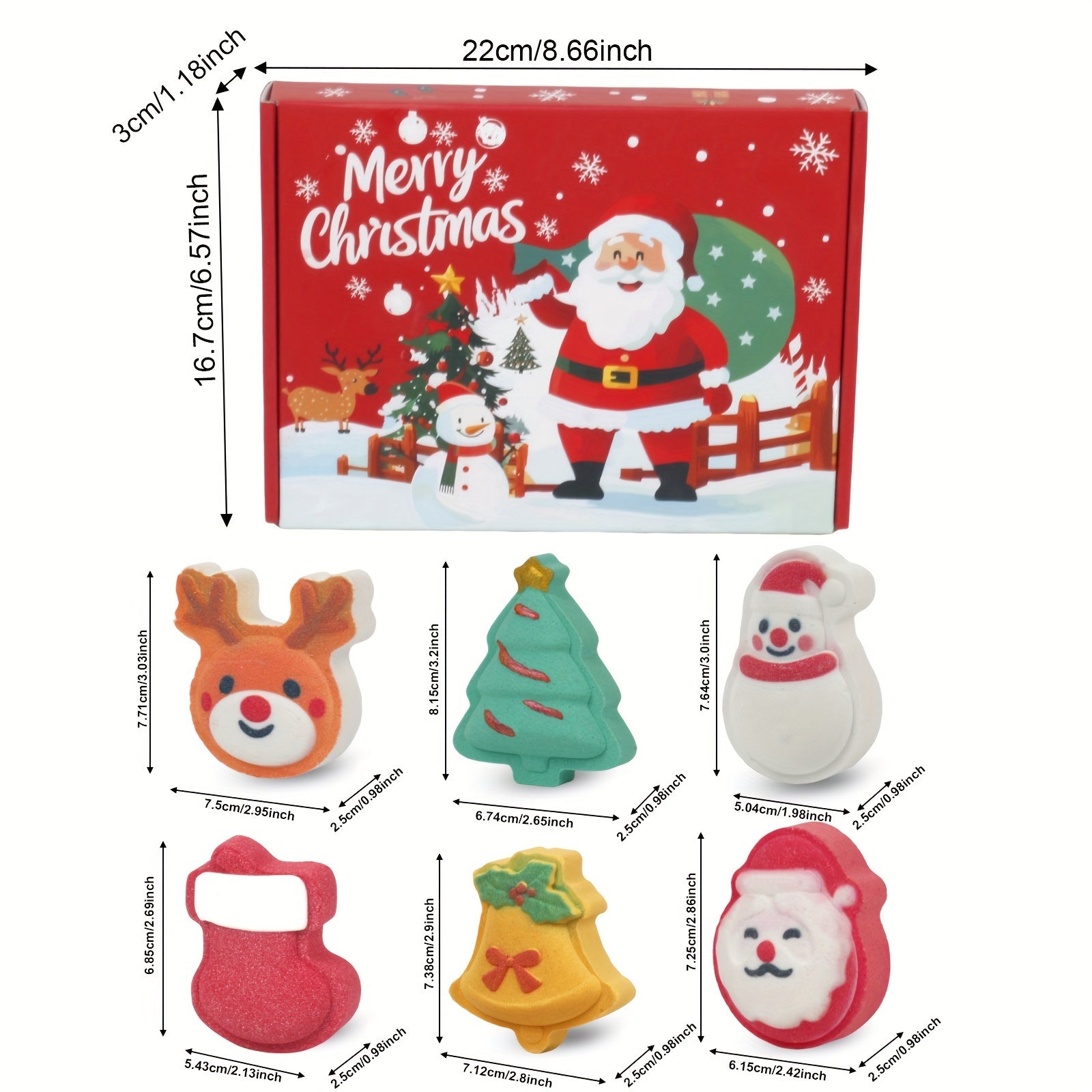 Christmas Holiday Bath Bombs Set for Kids, 6-Pack with Santa, Reindeer, Snowman, Stocking, Bell & Tree Designs, Rose Scented, Normal Skin, Emulsion Bath Salts with Essential Oils, Ideal Christmas Gift for Boys, Girls & Women