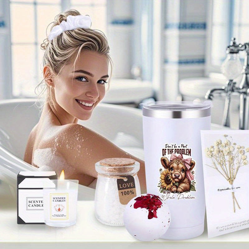 8pcs Highland Cow Women'S Spa Gift Basket, Basket Set Stuff Womens Gifts-Multi-Item Party Favor Packs Including Cup, Bath Bombs, Candles, Soap, Gift Box, Bath Salts And Thank You Cards, Gift For Women, Mom, Wife, Girlfriend,