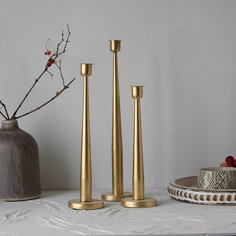 3pcs Iron Taper Candle Holder For Party Table Decoration, Golden Antique Brass Iron Taper Candle Holder For Home, Wedding, Birthday, And Christmas Decoration