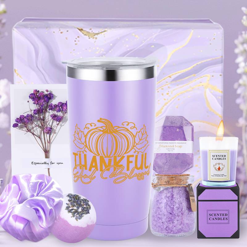 8pcs Lavender Scented Spa Gift Basket Set for Women - Luxury Self-Care Kit with 8-Hour Burn Time Soy Wax s, Bath Bombs, Lavender Sachet & Tumbler-Style - Birthday/Retirement Party Favors for Wife, Mom, Sister, Girlfriend