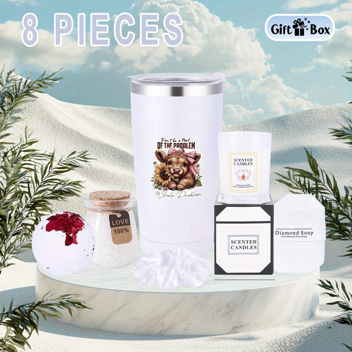 8pcs Highland Cow Women'S Spa Gift Basket, Basket Set Stuff Womens Gifts-Multi-Item Party Favor Packs Including Cup, Bath Bombs, Candles, Soap, Gift Box, Bath Salts And Thank You Cards, Gift For Women, Mom, Wife, Girlfriend,