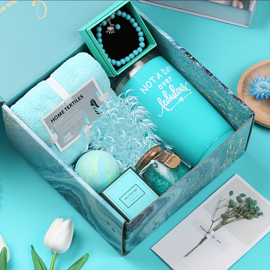 PULIDIKI Spa Gift Set for Women - Self Care Relaxation Package, Nylon Striped Fantasy Themed Box, Includes Aromatherapy, Bath Salts, Eye Mask, Tumbler & Greeting Card - Ideal for Birthday, Get Well, Anniversary Gifts
