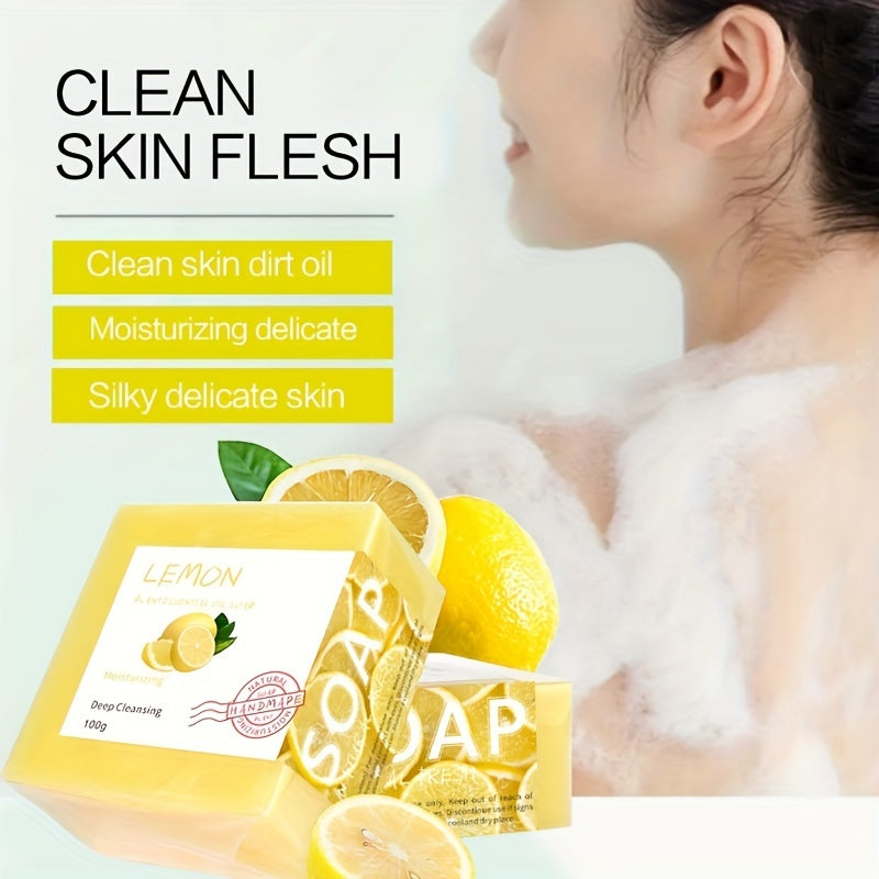 4pcs*100g Lemon Essential Oil Soap, Handmade Soap, Deeply Cleanses the Light Beige, Facial and Body Moisturizing Care Soap, with Rich Bubbles, Set for Gift, Suitable for Both Men and Women.