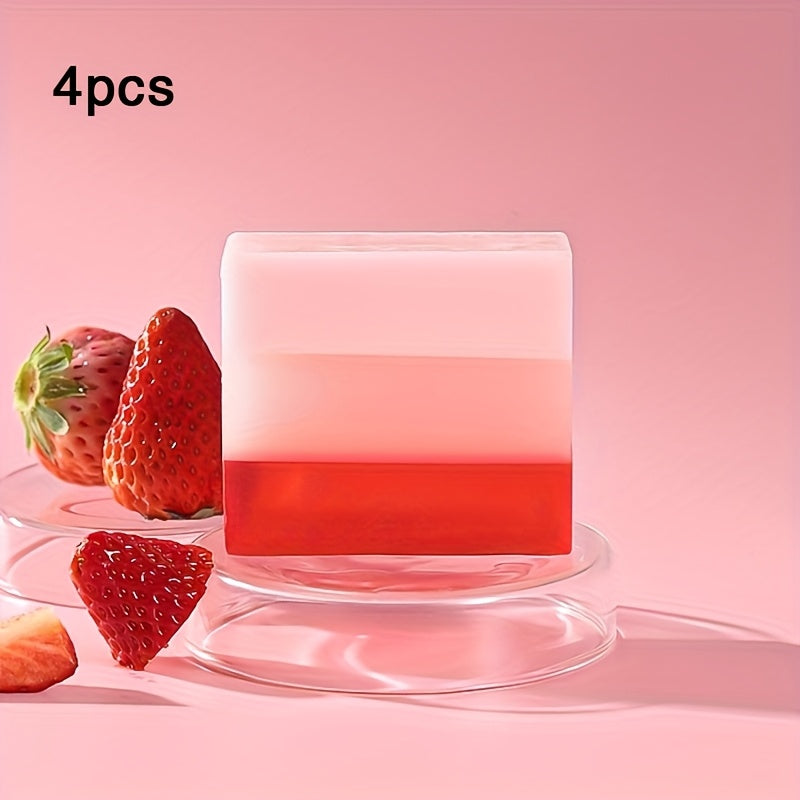 3-Color Strawberry Soap 4pcs Set, Handmade Plant Extracts Essential Oil Strawberry Soap Deep Cleansing Face, Hands, Body Moisturizing, Suitable for Men and Women, Christmas Gift