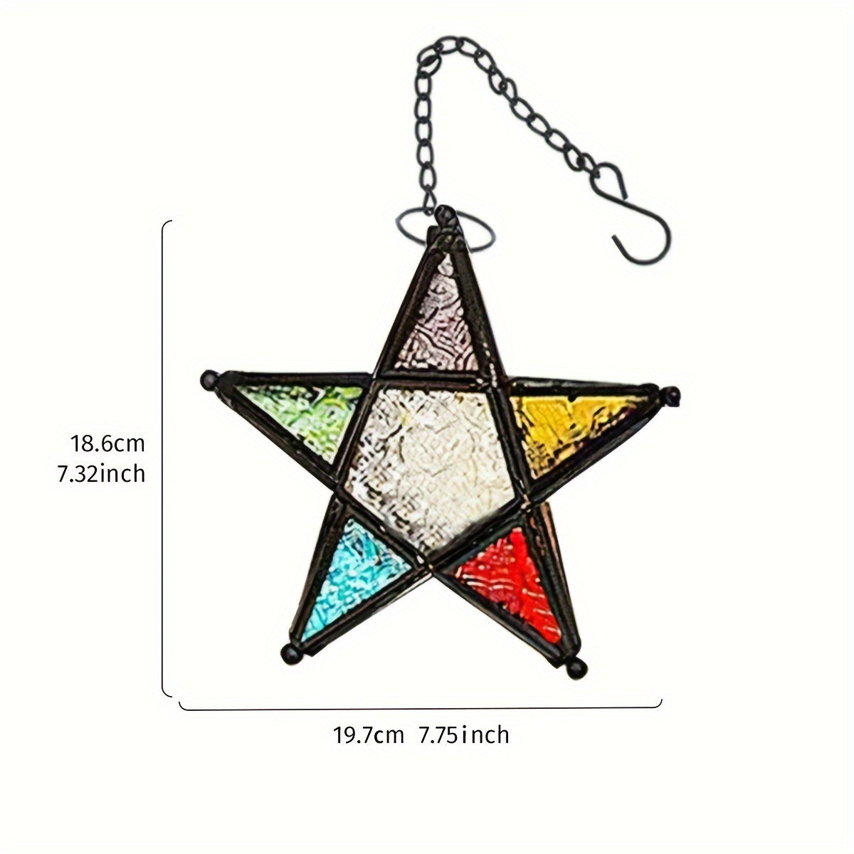 1pc, European Retro Style Color Windproof Glass Candle Holder, Pentagram Iron Hanging Embossed Glass Candle Holder ( Candles Not Included ), Holiday Atmosphere Atmosphere Home Decoration Pendant