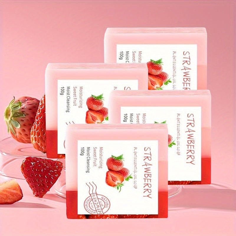 3-Color Strawberry Soap 4pcs Set, Handmade Plant Extracts Essential Oil Strawberry Soap Deep Cleansing Face, Hands, Body Moisturizing, Suitable for Men and Women, Christmas Gift