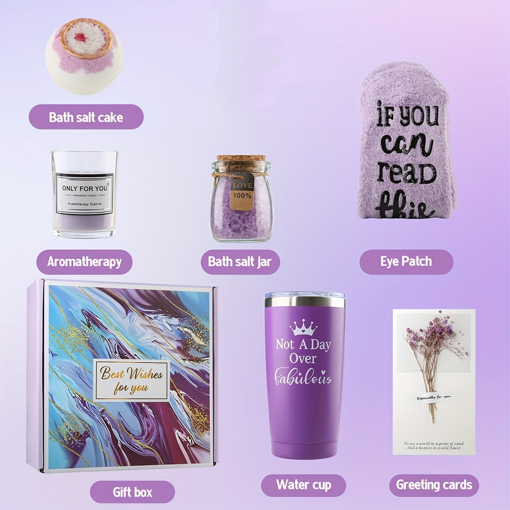 PULIDIKI Spa Gift Set for Women - Self Care Relaxation Package, Nylon Striped Fantasy Themed Box, Includes Aromatherapy, Bath Salts, Eye Mask, Tumbler & Greeting Card - Ideal for Birthday, Get Well, Anniversary Gifts