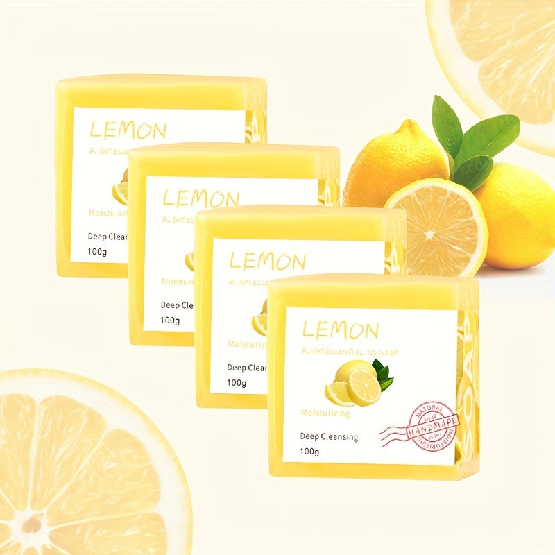 4pcs*100g Lemon Essential Oil Soap, Handmade Soap, Deeply Cleanses the Light Beige, Facial and Body Moisturizing Care Soap, with Rich Bubbles, Set for Gift, Suitable for Both Men and Women.