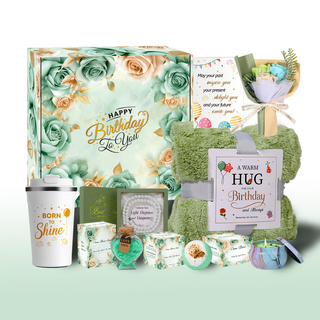 Luxury Spa Gift Basket for Women Birthday/Mother's Day Self Care Package for Her, Green Themed Relaxation Box, Unique Pampering Kit for Mom, Sister, Best Friend White Elephant Gift Christmas Gifts Stocking Stuffers for Men Ad