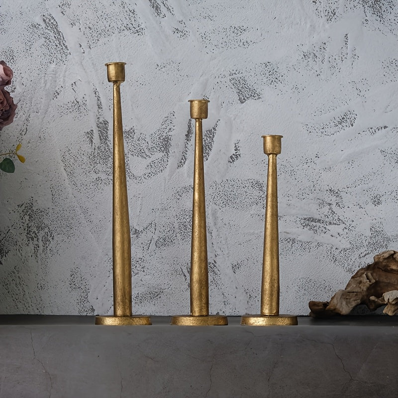 3pcs Iron Taper Candle Holder For Party Table Decoration, Golden Antique Brass Iron Taper Candle Holder For Home, Wedding, Birthday, And Christmas Decoration