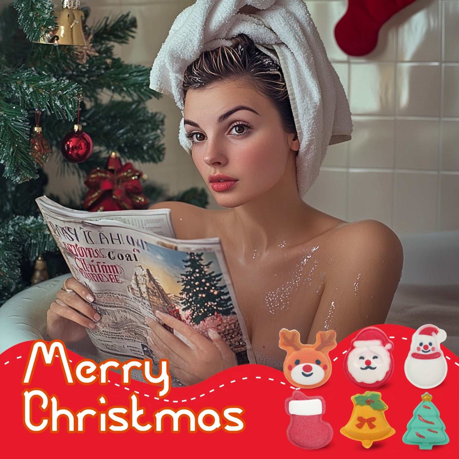 Christmas Holiday Bath Bombs Set for Kids, 6-Pack with Santa, Reindeer, Snowman, Stocking, Bell & Tree Designs, Rose Scented, Normal Skin, Emulsion Bath Salts with Essential Oils, Ideal Christmas Gift for Boys, Girls & Women