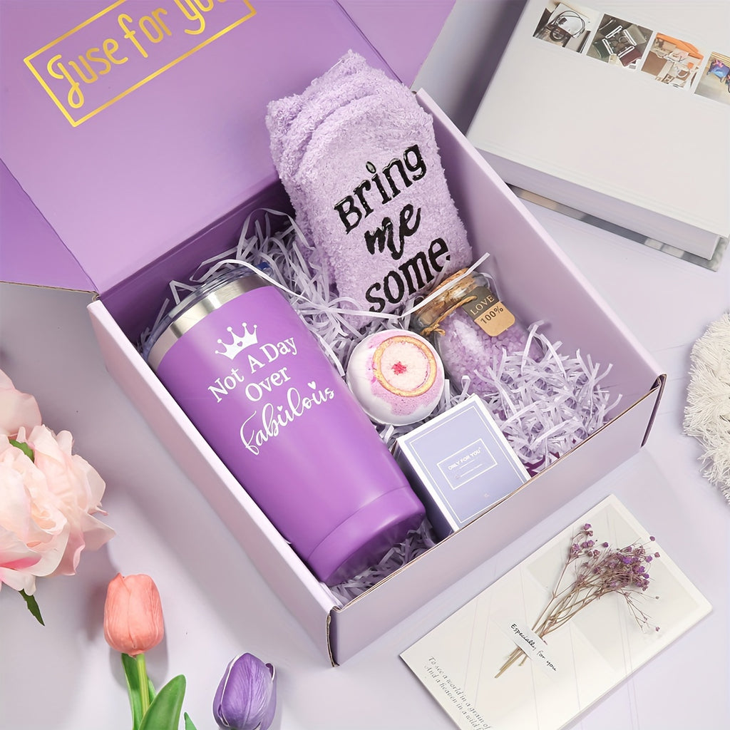 PULIDIKI Spa Gift Set for Women - Self Care Relaxation Package, Nylon Striped Fantasy Themed Box, Includes Aromatherapy, Bath Salts, Eye Mask, Tumbler & Greeting Card - Ideal for Birthday, Get Well, Anniversary Gifts