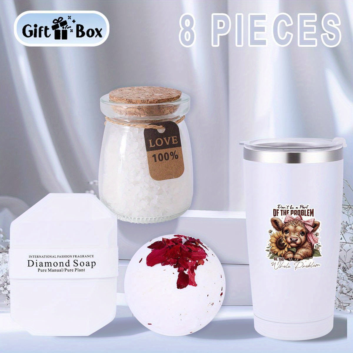 8pcs Highland Cow Women'S Spa Gift Basket, Basket Set Stuff Womens Gifts-Multi-Item Party Favor Packs Including Cup, Bath Bombs, Candles, Soap, Gift Box, Bath Salts And Thank You Cards, Gift For Women, Mom, Wife, Girlfriend,