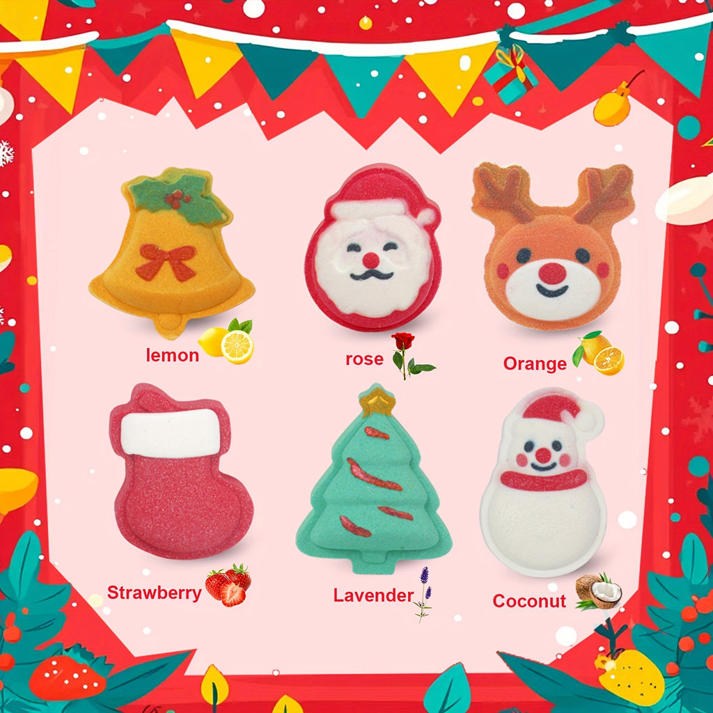 Christmas Holiday Bath Bombs Set for Kids, 6-Pack with Santa, Reindeer, Snowman, Stocking, Bell & Tree Designs, Rose Scented, Normal Skin, Emulsion Bath Salts with Essential Oils, Ideal Christmas Gift for Boys, Girls & Women