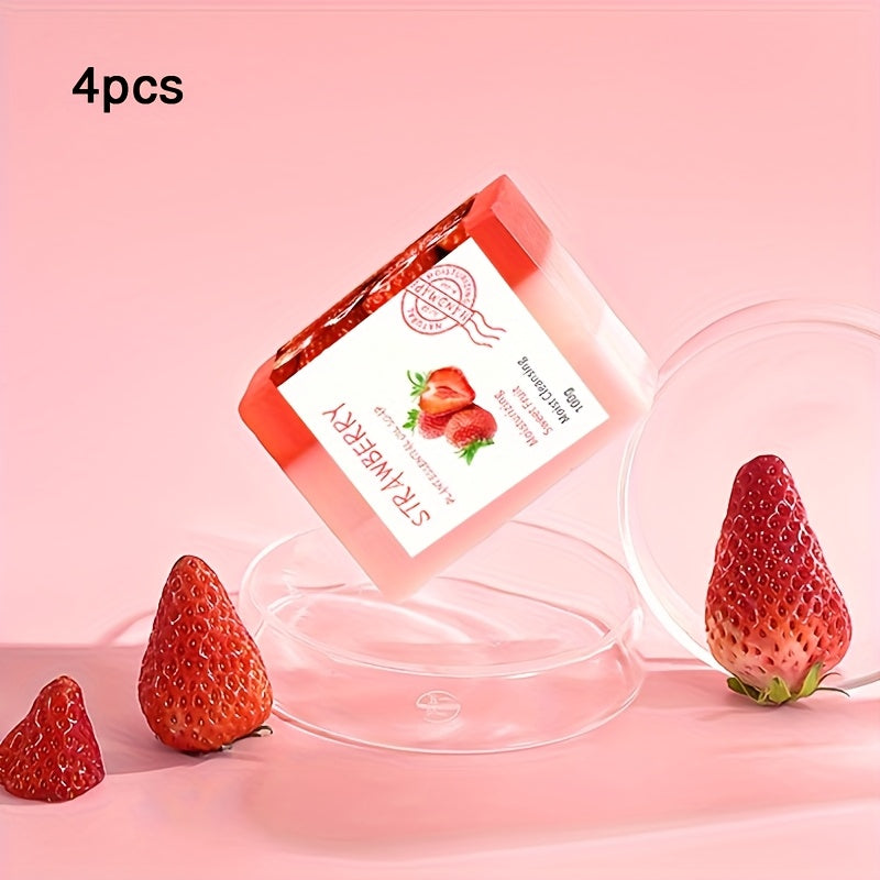 3-Color Strawberry Soap 4pcs Set, Handmade Plant Extracts Essential Oil Strawberry Soap Deep Cleansing Face, Hands, Body Moisturizing, Suitable for Men and Women, Christmas Gift
