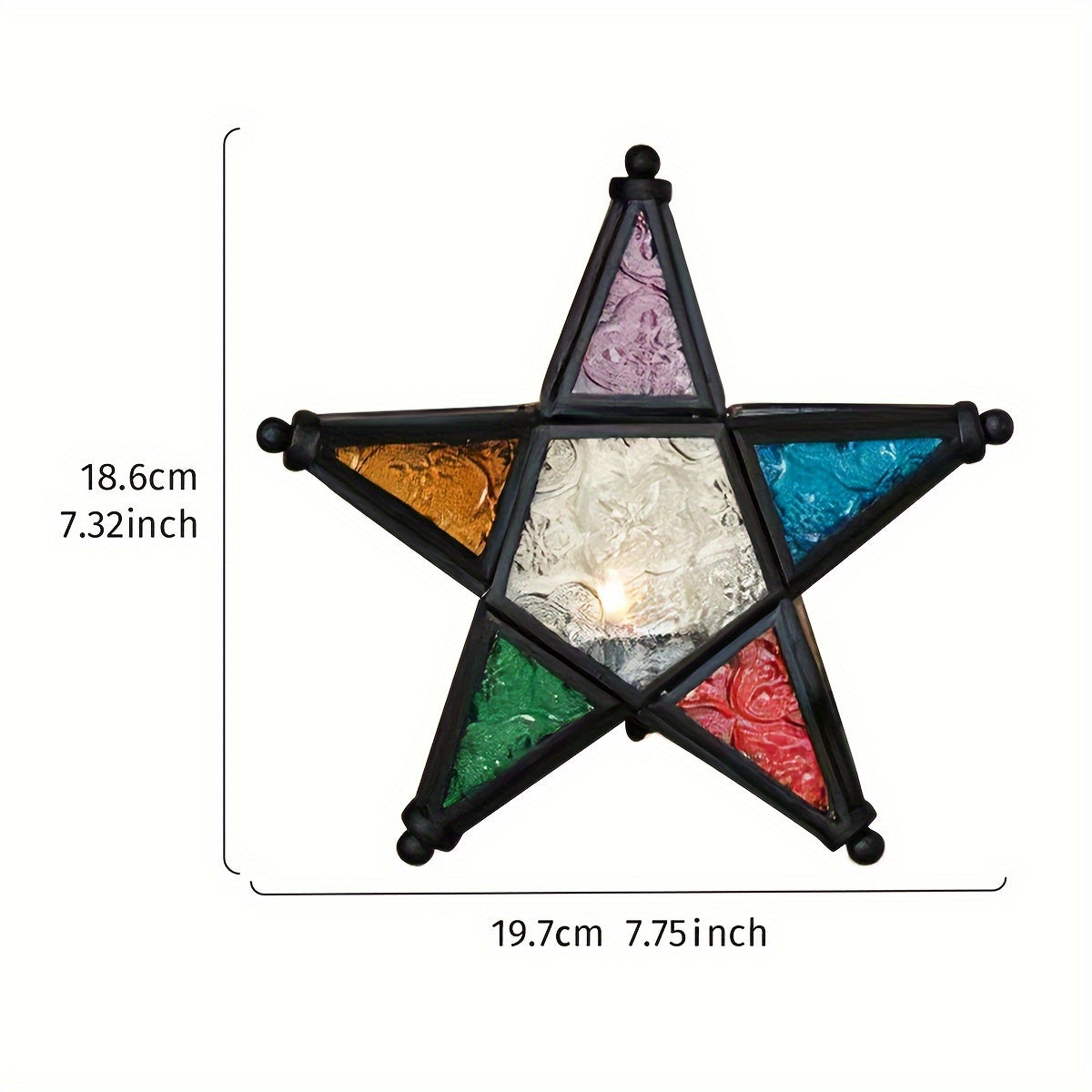 1pc, European Retro Style Color Windproof Glass Candle Holder, Pentagram Iron Hanging Embossed Glass Candle Holder ( Candles Not Included ), Holiday Atmosphere Atmosphere Home Decoration Pendant