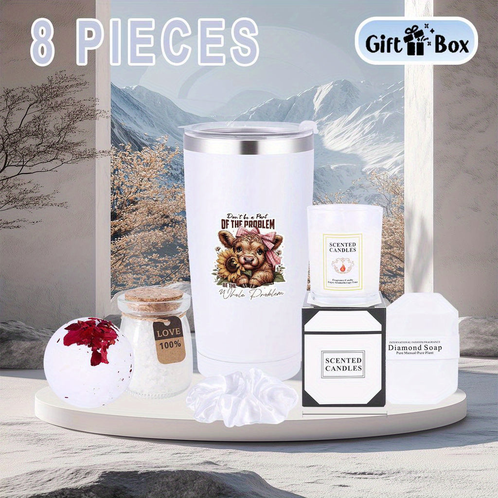 8pcs Highland Cow Women'S Spa Gift Basket, Basket Set Stuff Womens Gifts-Multi-Item Party Favor Packs Including Cup, Bath Bombs, Candles, Soap, Gift Box, Bath Salts And Thank You Cards, Gift For Women, Mom, Wife, Girlfriend,