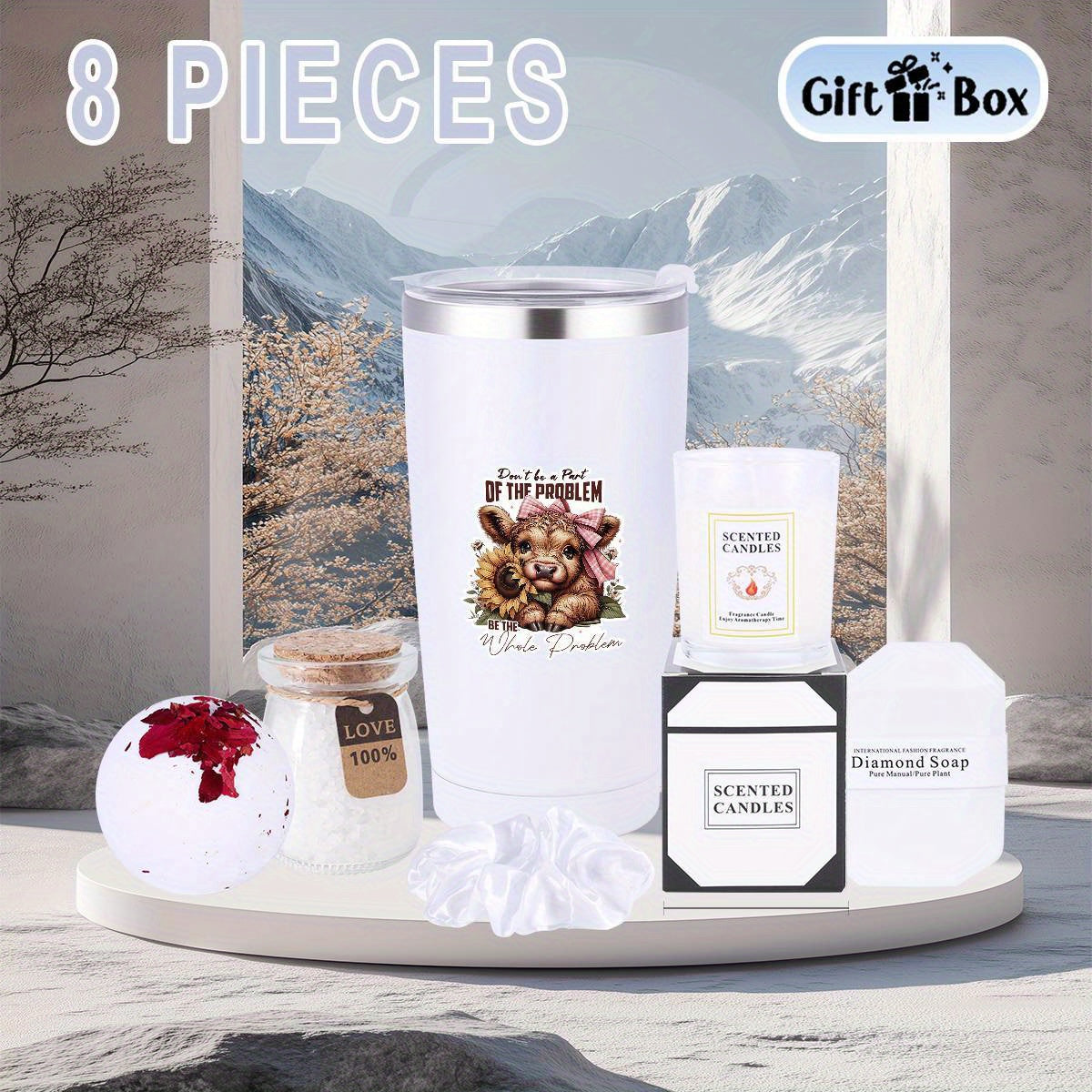 8pcs Highland Cow Women'S Spa Gift Basket, Basket Set Stuff Womens Gifts-Multi-Item Party Favor Packs Including Cup, Bath Bombs, Candles, Soap, Gift Box, Bath Salts And Thank You Cards, Gift For Women, Mom, Wife, Girlfriend,