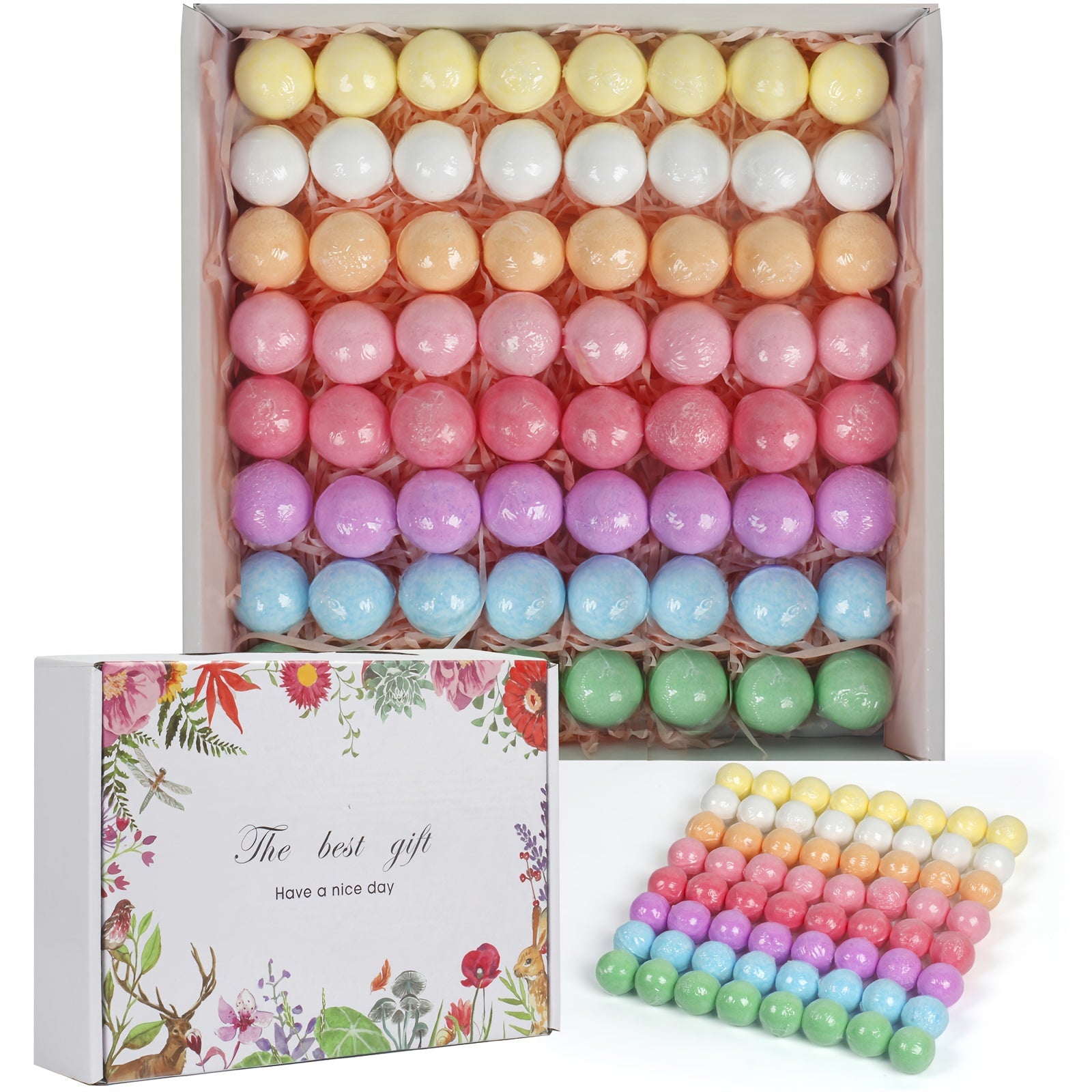 Bath Bombs: A set of 64 with 8 scents, handcrafted for normal skin. Infused with calming lavender, it creates a luxurious bubble bath. Ideal gift for birthdays, Christmas, Halloween, and Mother's Day, Valentine's Day