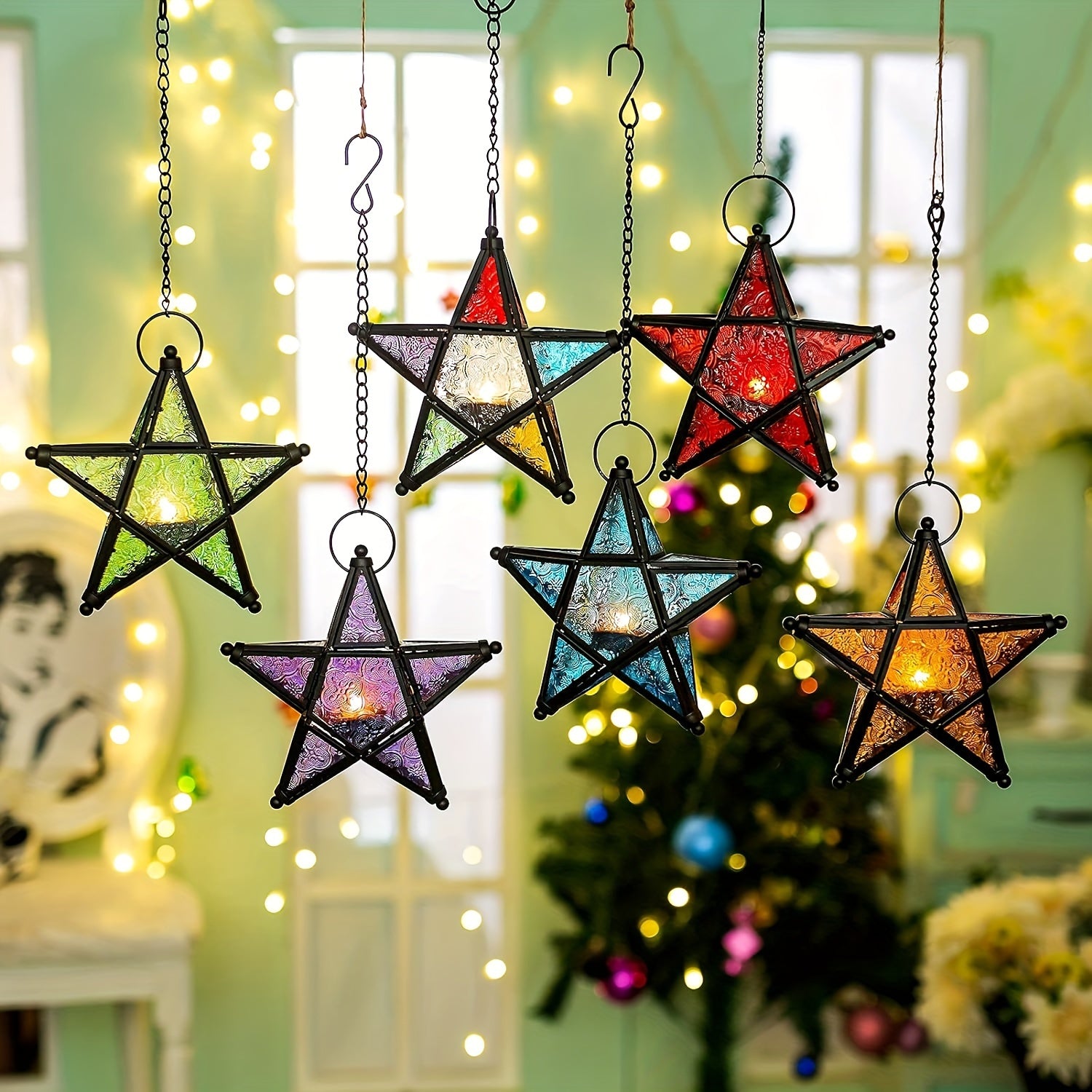 1pc, European Retro Style Color Windproof Glass Candle Holder, Pentagram Iron Hanging Embossed Glass Candle Holder ( Candles Not Included ), Holiday Atmosphere Atmosphere Home Decoration Pendant