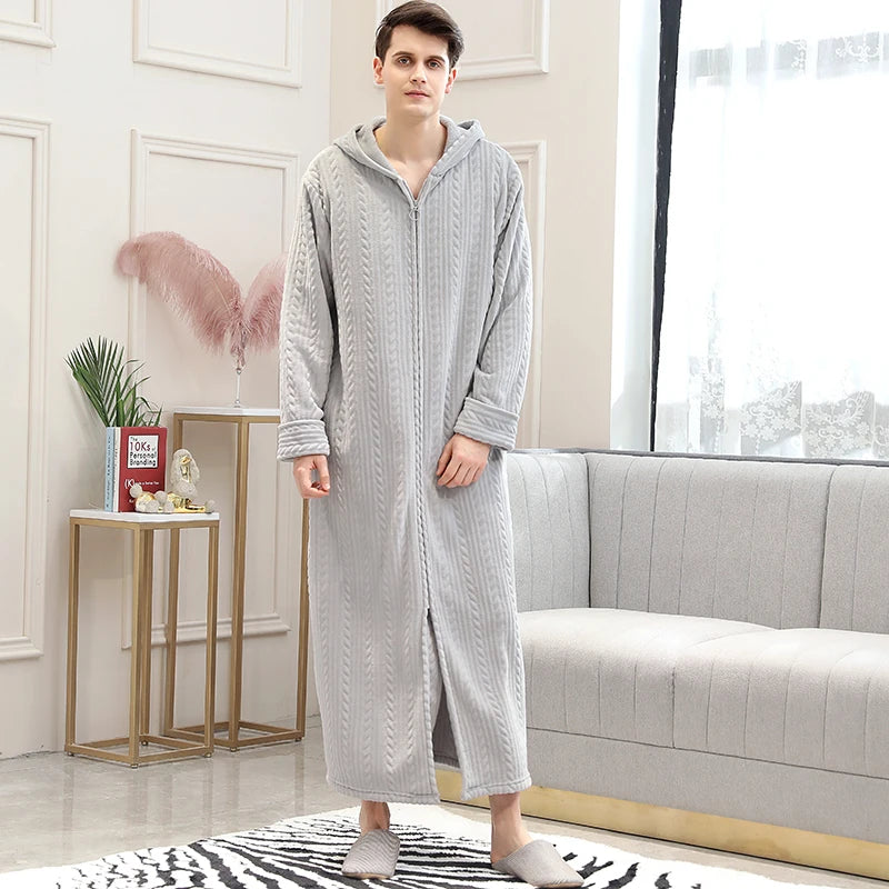 Women Winter Plus Size Long Warm Flannel Bathrobe Zipper Hooded Bath Robe Pregnant Coral Fleece Dressing Gown Men Sleepwear Spa