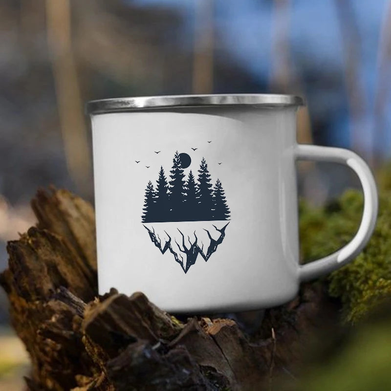 The Mountain Are Waiting Print Enamel Mug Creative Camping Coffee Tea Water Milk Cup Mugs Handle Drinkware Vacation Hiking Gift
