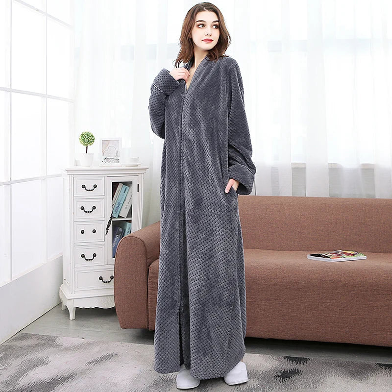 Women Winter Plus Size Long Warm Flannel Bathrobe Zipper Hooded Bath Robe Pregnant Coral Fleece Dressing Gown Men Sleepwear Spa