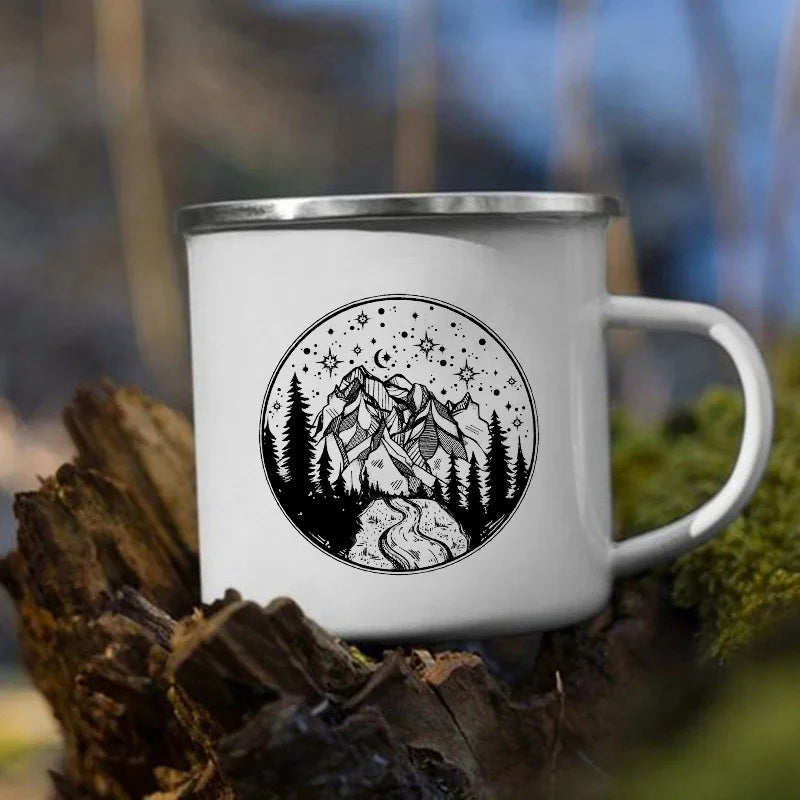 The Mountain Are Waiting Print Enamel Mug Creative Camping Coffee Tea Water Milk Cup Mugs Handle Drinkware Vacation Hiking Gift