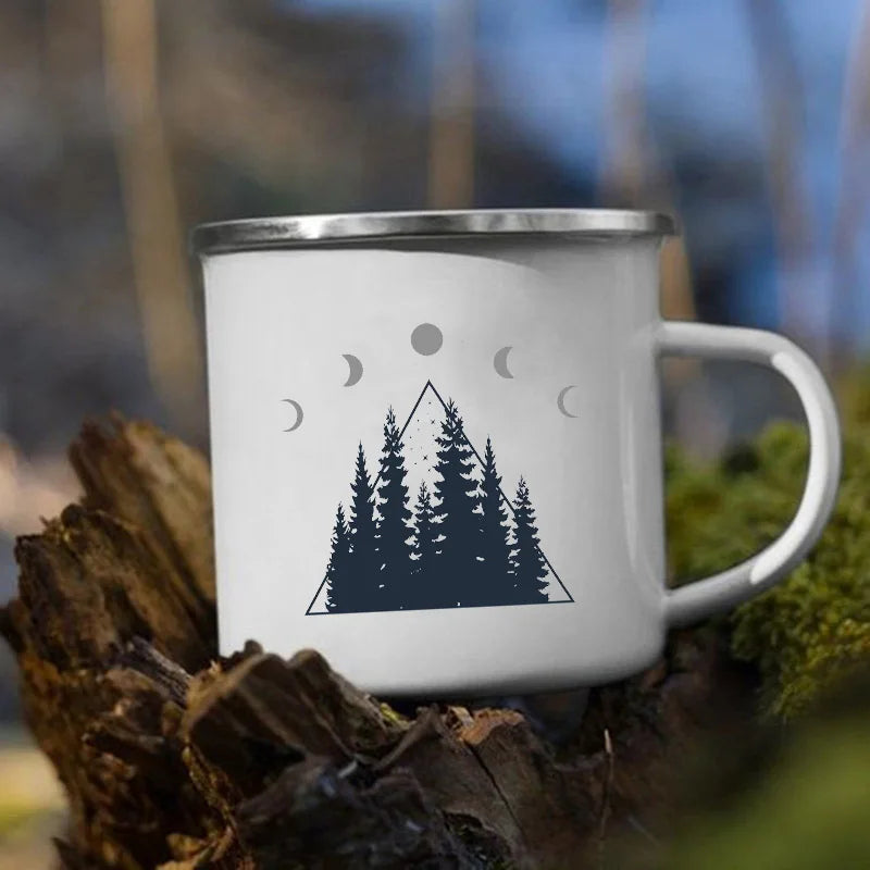 The Mountain Are Waiting Print Enamel Mug Creative Camping Coffee Tea Water Milk Cup Mugs Handle Drinkware Vacation Hiking Gift