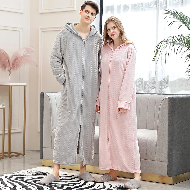 Women Winter Plus Size Long Warm Flannel Bathrobe Zipper Hooded Bath Robe Pregnant Coral Fleece Dressing Gown Men Sleepwear Spa