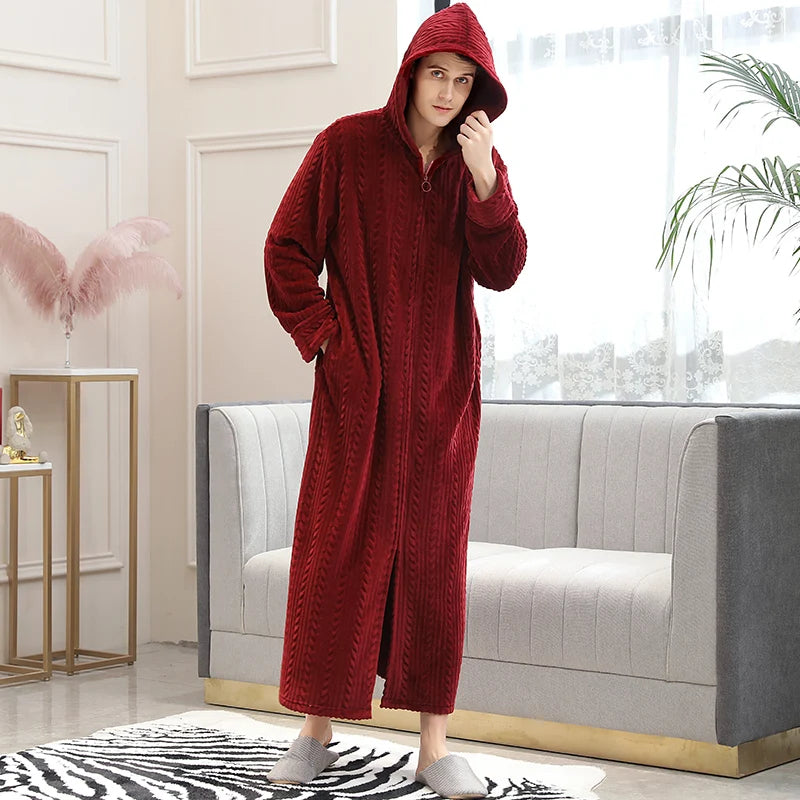 Women Winter Plus Size Long Warm Flannel Bathrobe Zipper Hooded Bath Robe Pregnant Coral Fleece Dressing Gown Men Sleepwear Spa