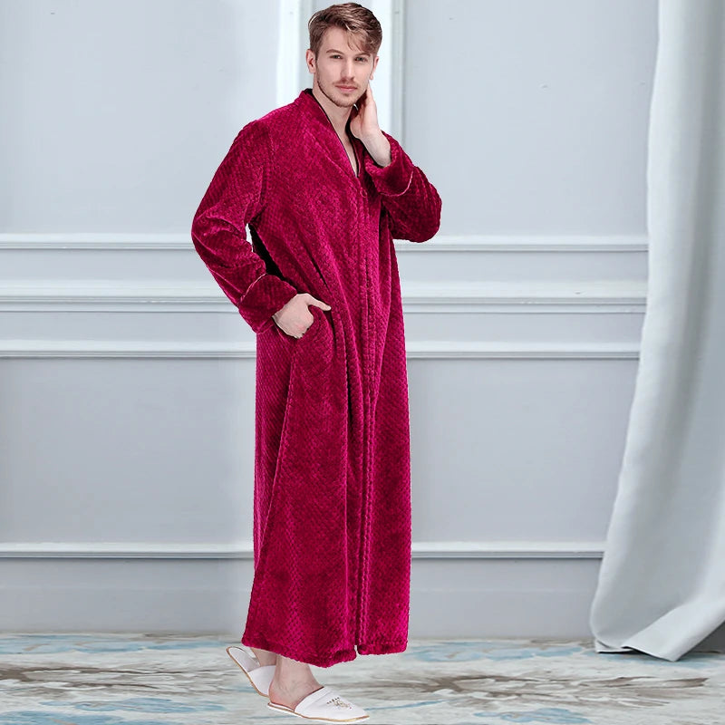 Women Winter Plus Size Long Warm Flannel Bathrobe Zipper Hooded Bath Robe Pregnant Coral Fleece Dressing Gown Men Sleepwear Spa