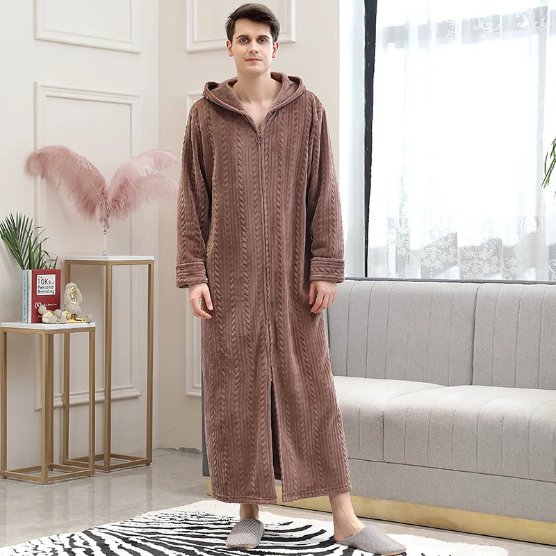 Women Winter Plus Size Long Warm Flannel Bathrobe Zipper Hooded Bath Robe Pregnant Coral Fleece Dressing Gown Men Sleepwear Spa