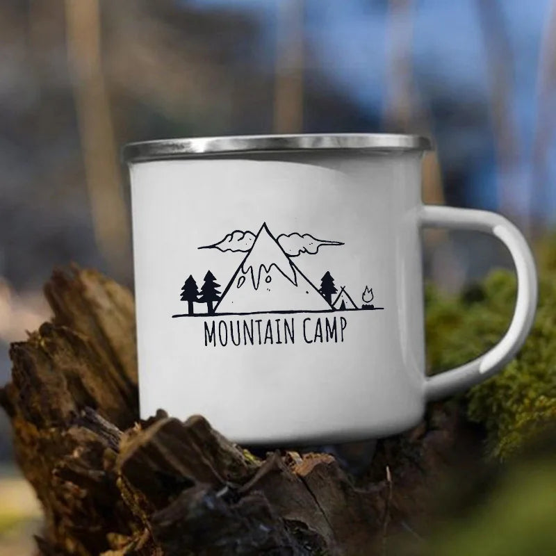 The Mountain Are Waiting Print Enamel Mug Creative Camping Coffee Tea Water Milk Cup Mugs Handle Drinkware Vacation Hiking Gift