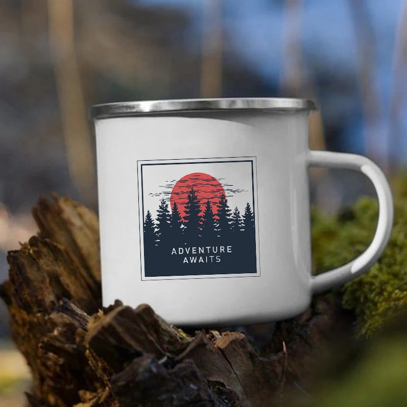 The Mountain Are Waiting Print Enamel Mug Creative Camping Coffee Tea Water Milk Cup Mugs Handle Drinkware Vacation Hiking Gift