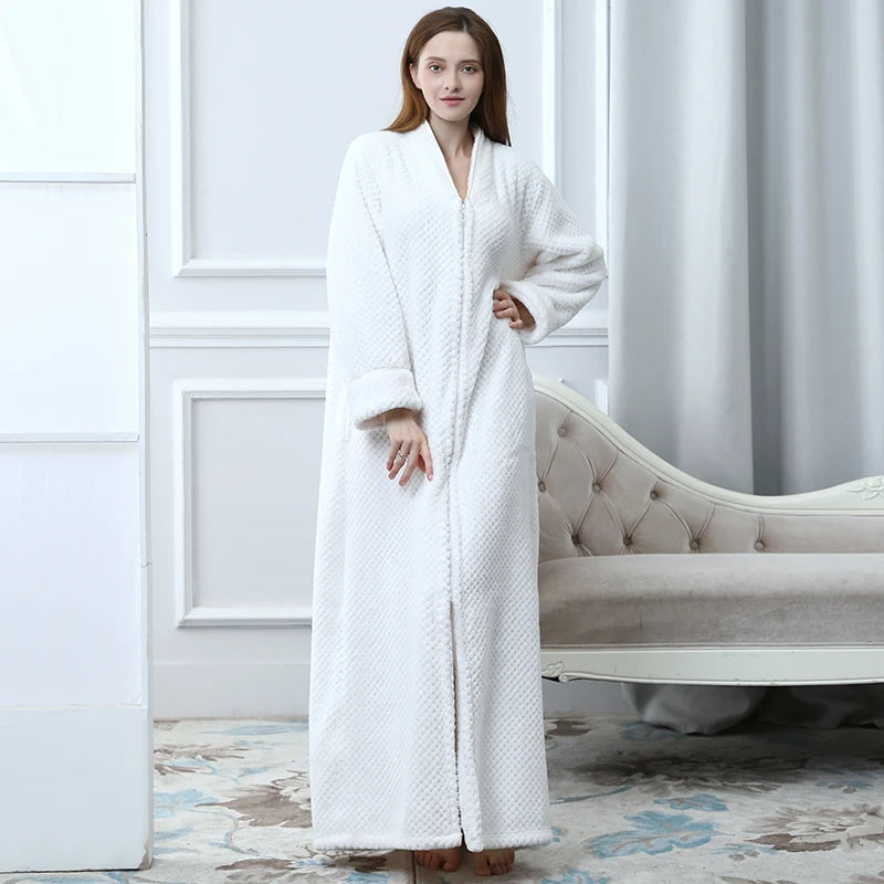 Women Winter Plus Size Long Warm Flannel Bathrobe Zipper Hooded Bath Robe Pregnant Coral Fleece Dressing Gown Men Sleepwear Spa