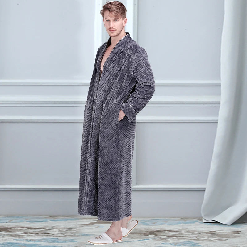Women Winter Plus Size Long Warm Flannel Bathrobe Zipper Hooded Bath Robe Pregnant Coral Fleece Dressing Gown Men Sleepwear Spa