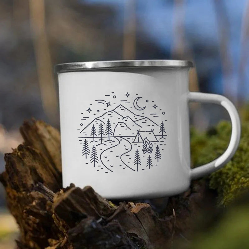 The Mountain Are Waiting Print Enamel Mug Creative Camping Coffee Tea Water Milk Cup Mugs Handle Drinkware Vacation Hiking Gift