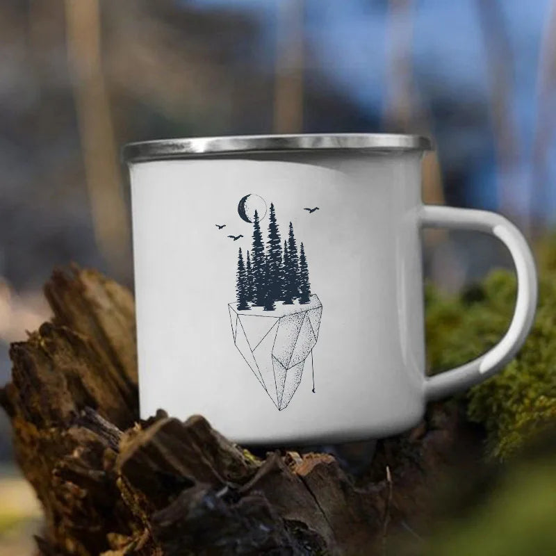 The Mountain Are Waiting Print Enamel Mug Creative Camping Coffee Tea Water Milk Cup Mugs Handle Drinkware Vacation Hiking Gift