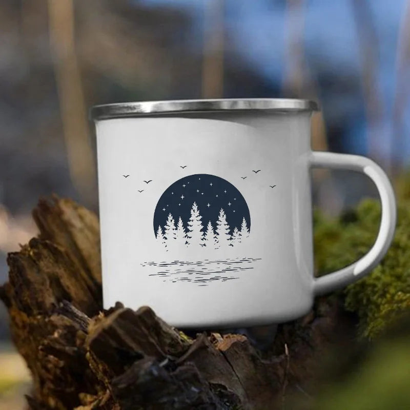 The Mountain Are Waiting Print Enamel Mug Creative Camping Coffee Tea Water Milk Cup Mugs Handle Drinkware Vacation Hiking Gift