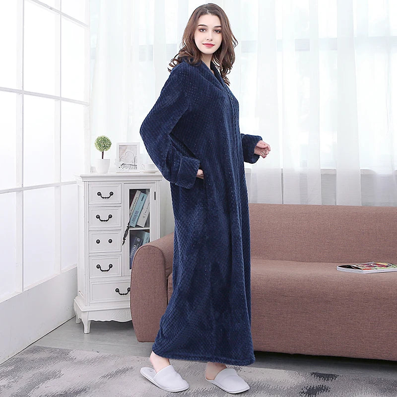 Women Winter Plus Size Long Warm Flannel Bathrobe Zipper Hooded Bath Robe Pregnant Coral Fleece Dressing Gown Men Sleepwear Spa