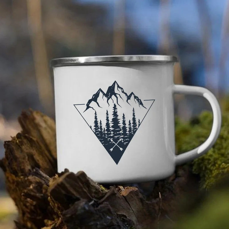 The Mountain Are Waiting Print Enamel Mug Creative Camping Coffee Tea Water Milk Cup Mugs Handle Drinkware Vacation Hiking Gift